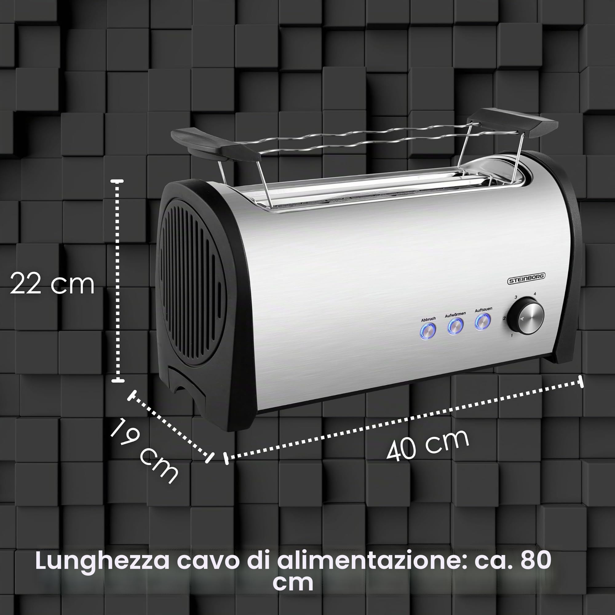 Steinborg Tostapane a 4 fette con inserto per panino, XXL, in acciaio inox, blu, illuminazione a LED, spegnimento automatico, tostapane doppio, tostapane per famiglie