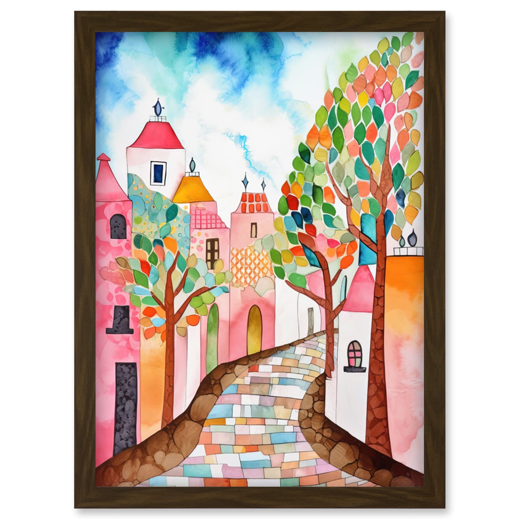 Artery8 Cobblestone Street In Spring Folk Art Artwork Framed Wall Art Print A4