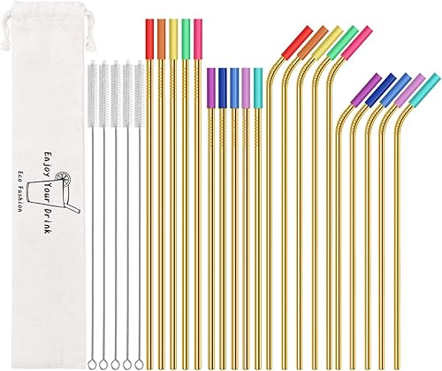 20 popotes de acero inoxidable reutilizables dorados, de 10.5 y 8.5 pulgadas con 20 puntas de silicona, 5 cepillos para pajillas, 1 estuche de