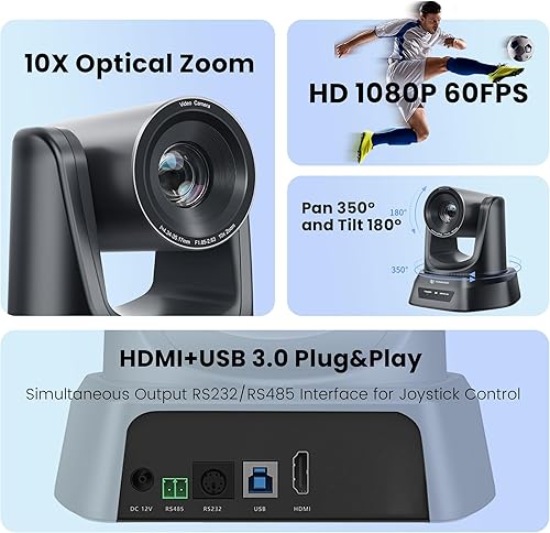 Miniatura 2 de TONGVEO Cámara PTZ HDMIUSB 10X Zoom óptico 60fps 1080P Cámara de videoconferencia para culto a la iglesia Transmisión en vivo Reunión en línea