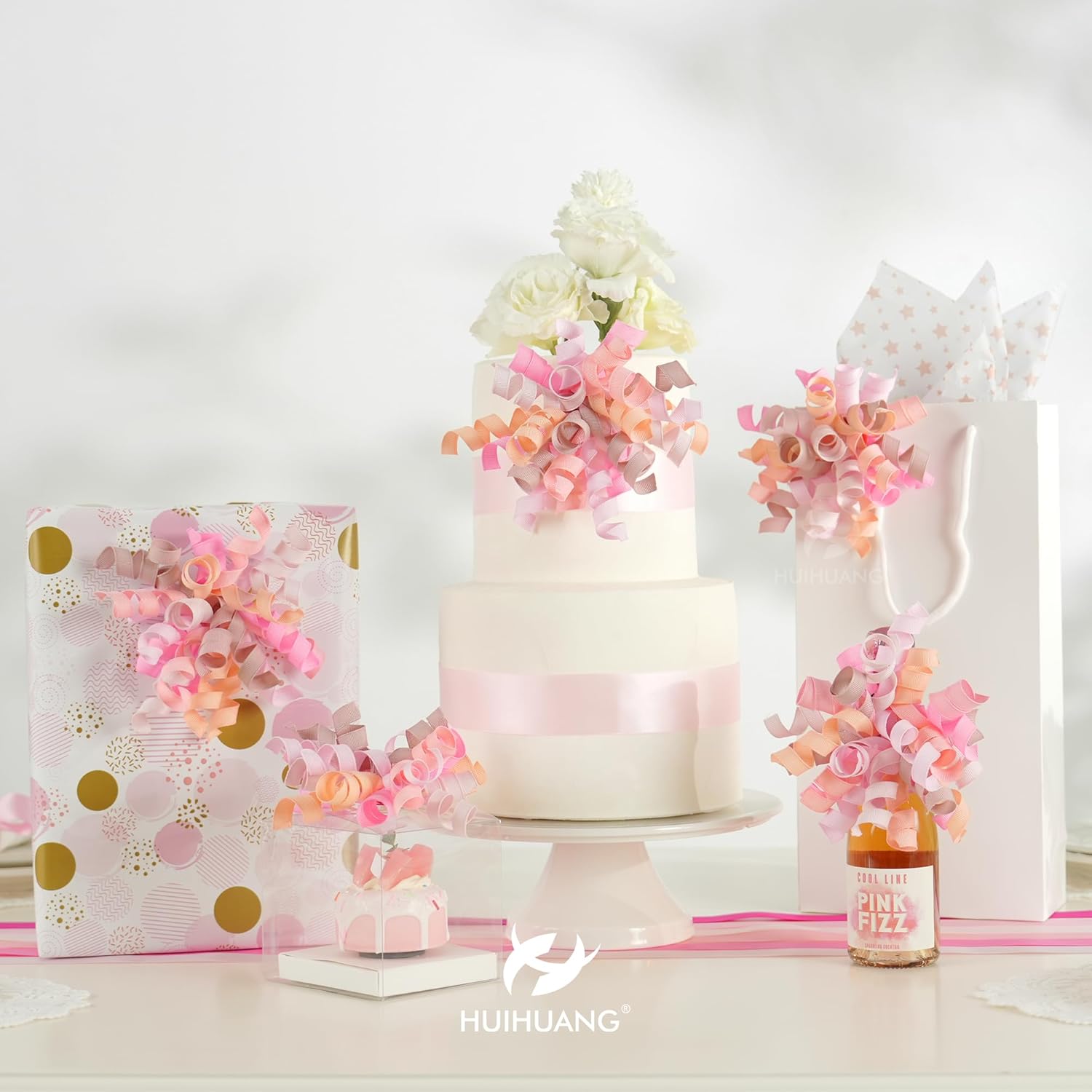 HUIHUANG Dusty Pink & Rose Bows for Gift Wrapping, Self-Adhesive Curly Ribbons for Presents, Wine Bottles, Treat Bags, Birthday & Wedding Favors - 6 Counts - Image 3