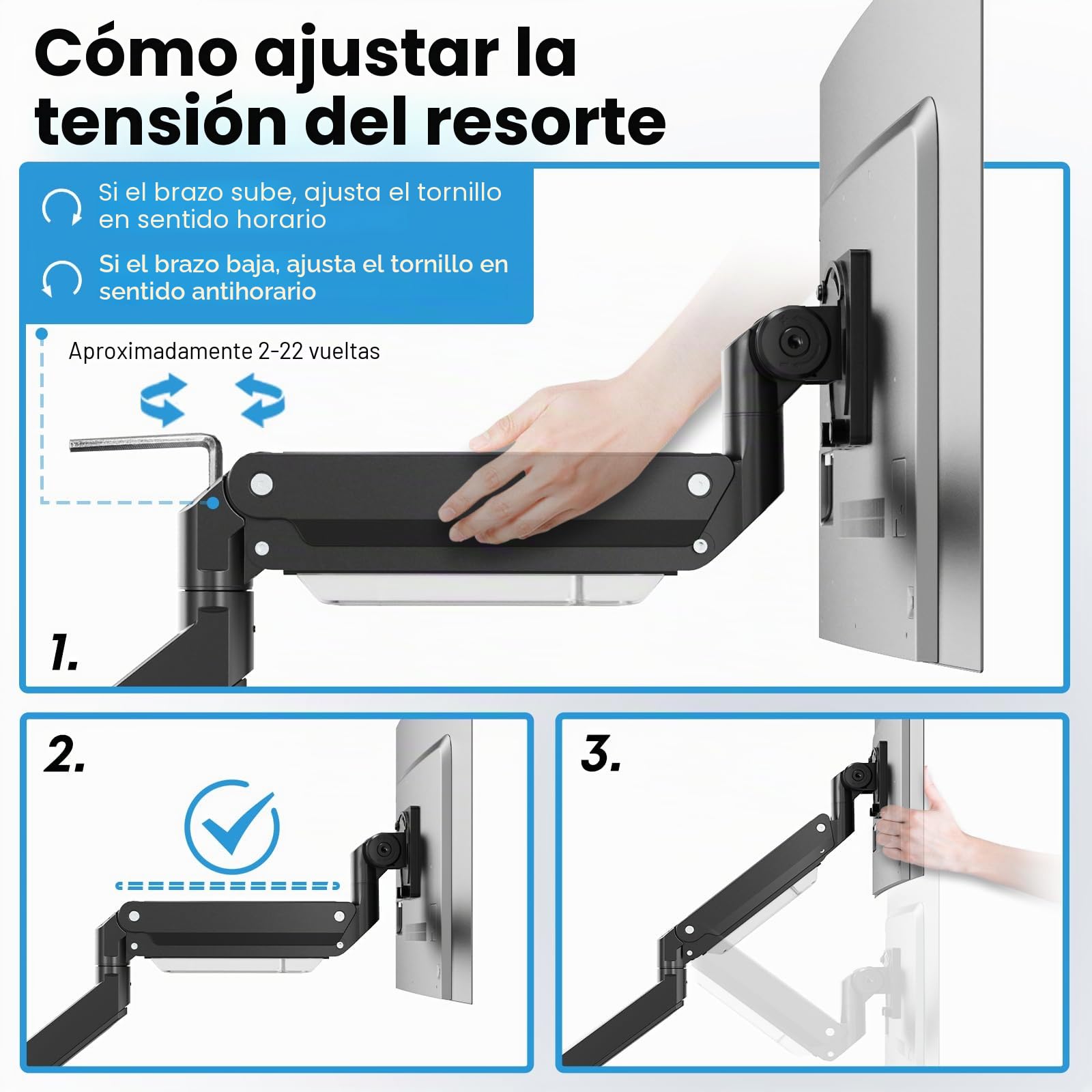 PUTORSEN Brazo para Monitor y TV de 17-57 Pulgadas, Soporte de Escritorio con Resorte de Gas, hasta 27 kg, Placa de Refuerzo, VESA máx. 200 x 200