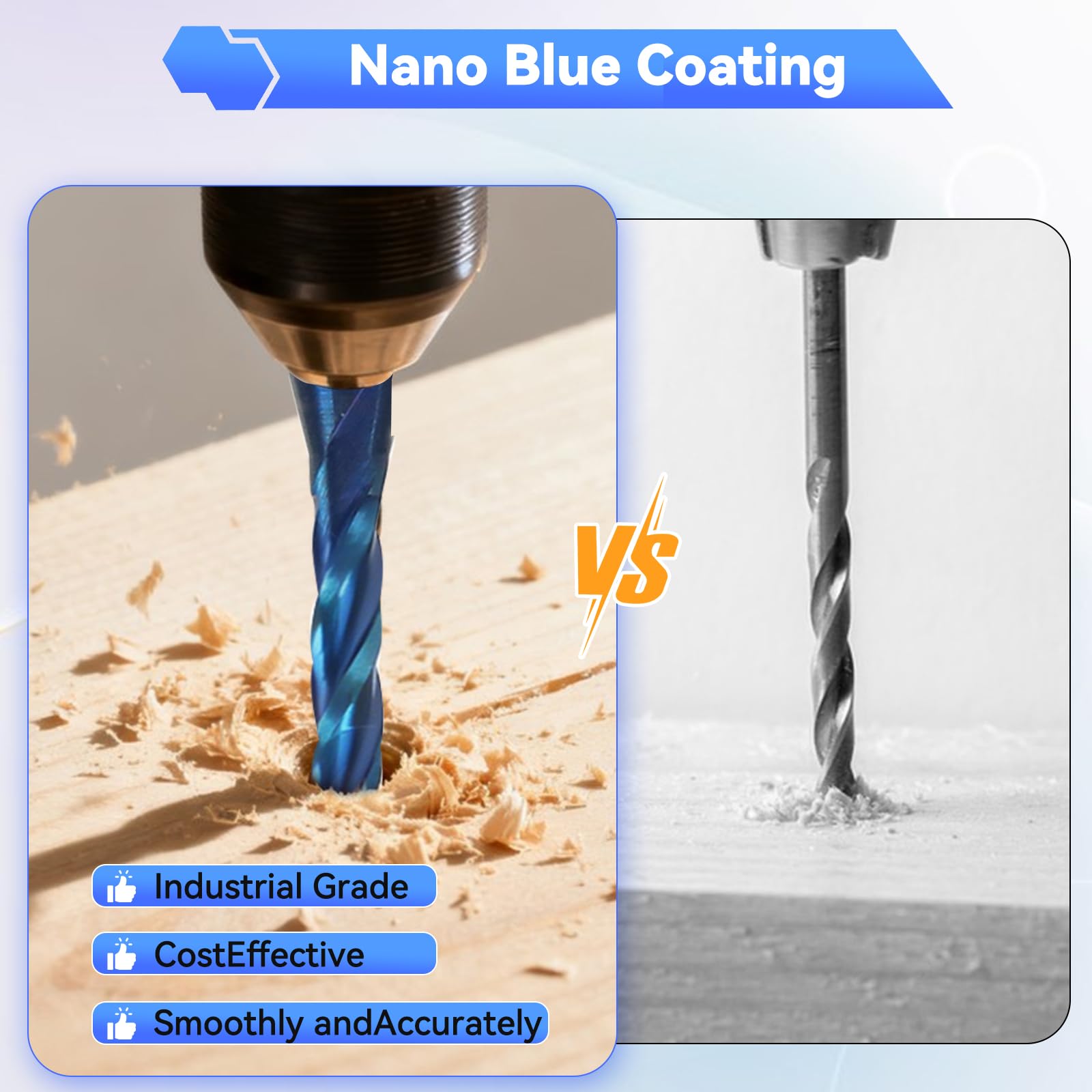 2 punte per fresa CNC a 3 scanalature, diametro di taglio 1/8", gambo da 1/4", fresa a spirale in carburo solido con rivestimento nano blu per intaglio del legno