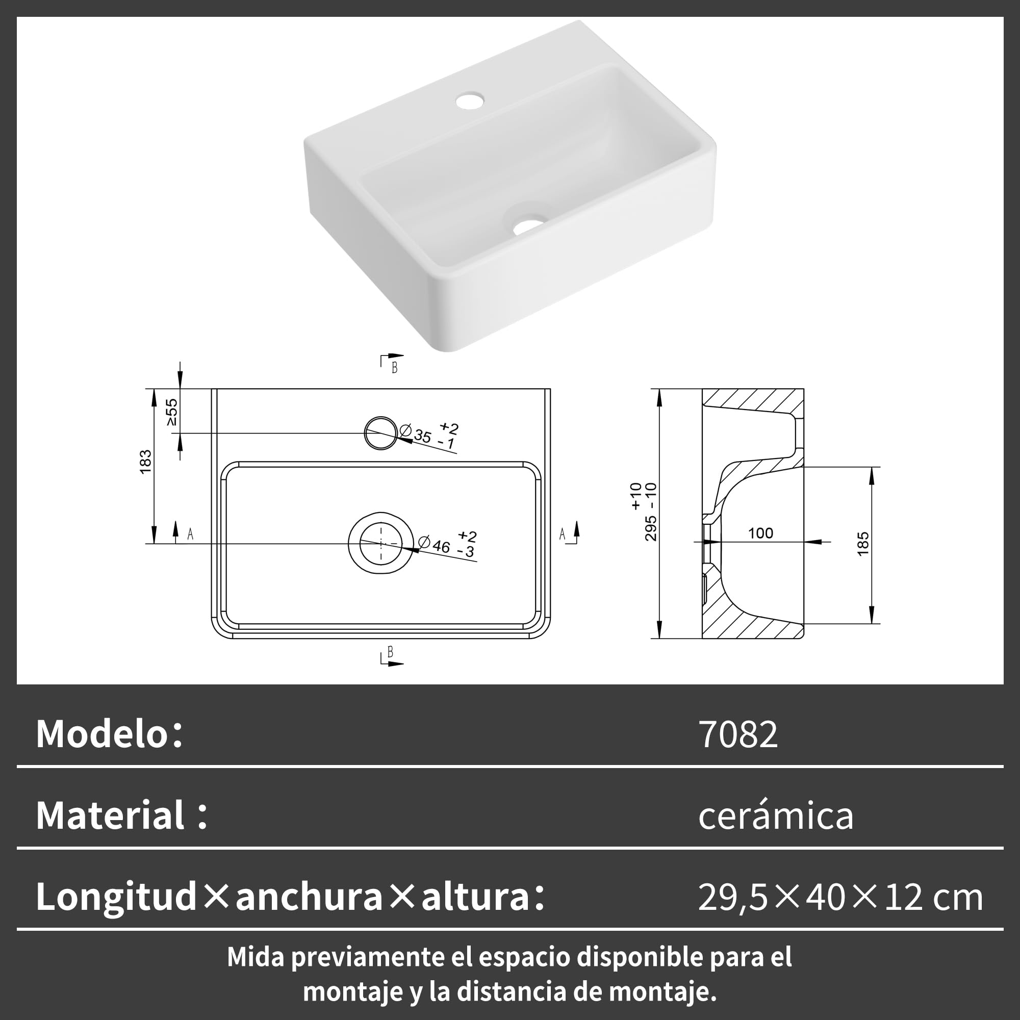 NUESTRA VIDA Lavabo sobre encimera de cerámica blanco, diseño rectangular y compacto (40x29.5x12 cm), incluye orificio para grifo, ideal para baños pequeños y aseos