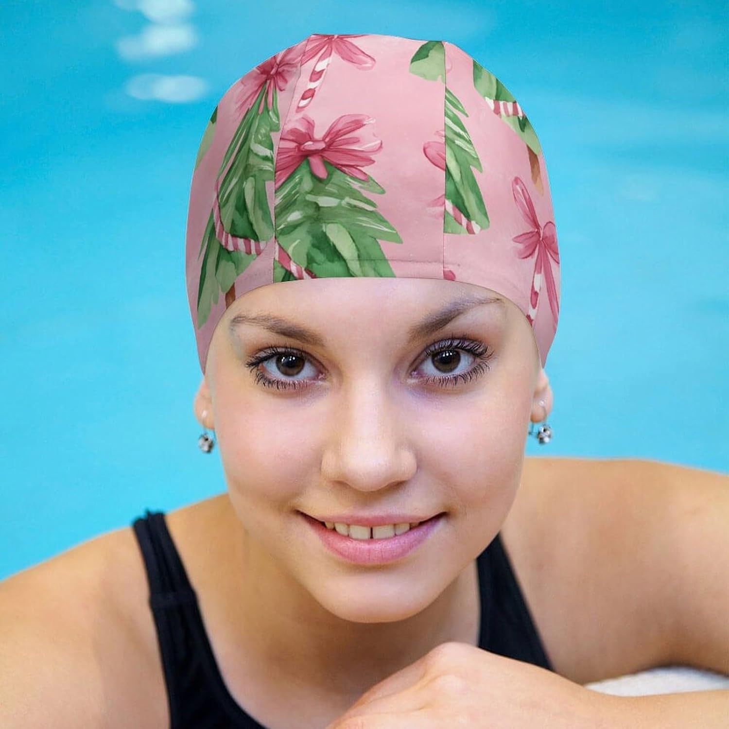 Christmas Tree Candy Canes Bows Womens Swim Cap for Men Adult Swimming Hat Curly Short Medium Long Hair