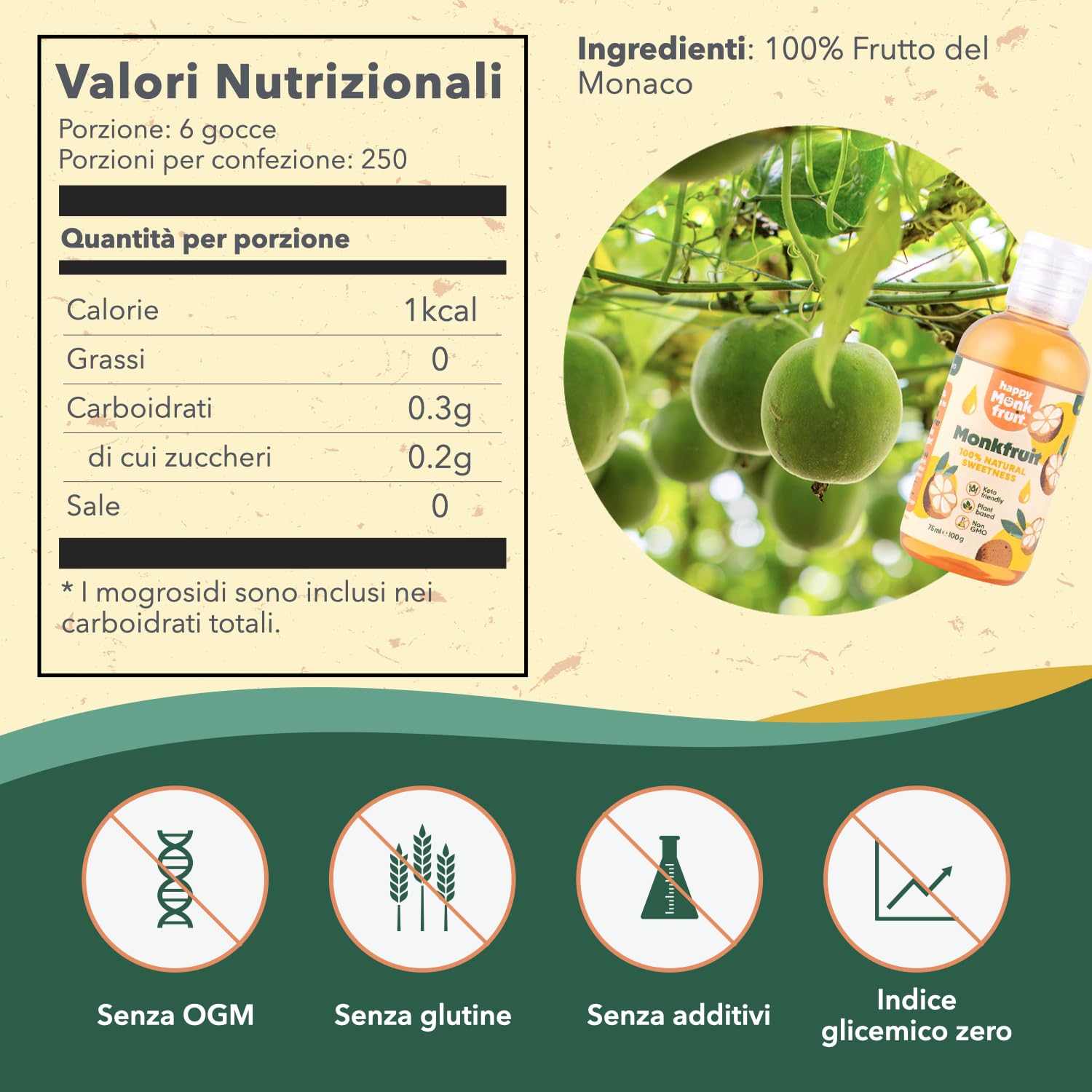 Frutto del Monaco Dolcificante 75ml Gocce, 250 Porzioni, 15x Più Dolce dello Zucchero - Monk Fruit Puro Senza Eritritolo - Sostituto dello Zucchero Naturale, Keto, Vegano | Happy Monkfruit®