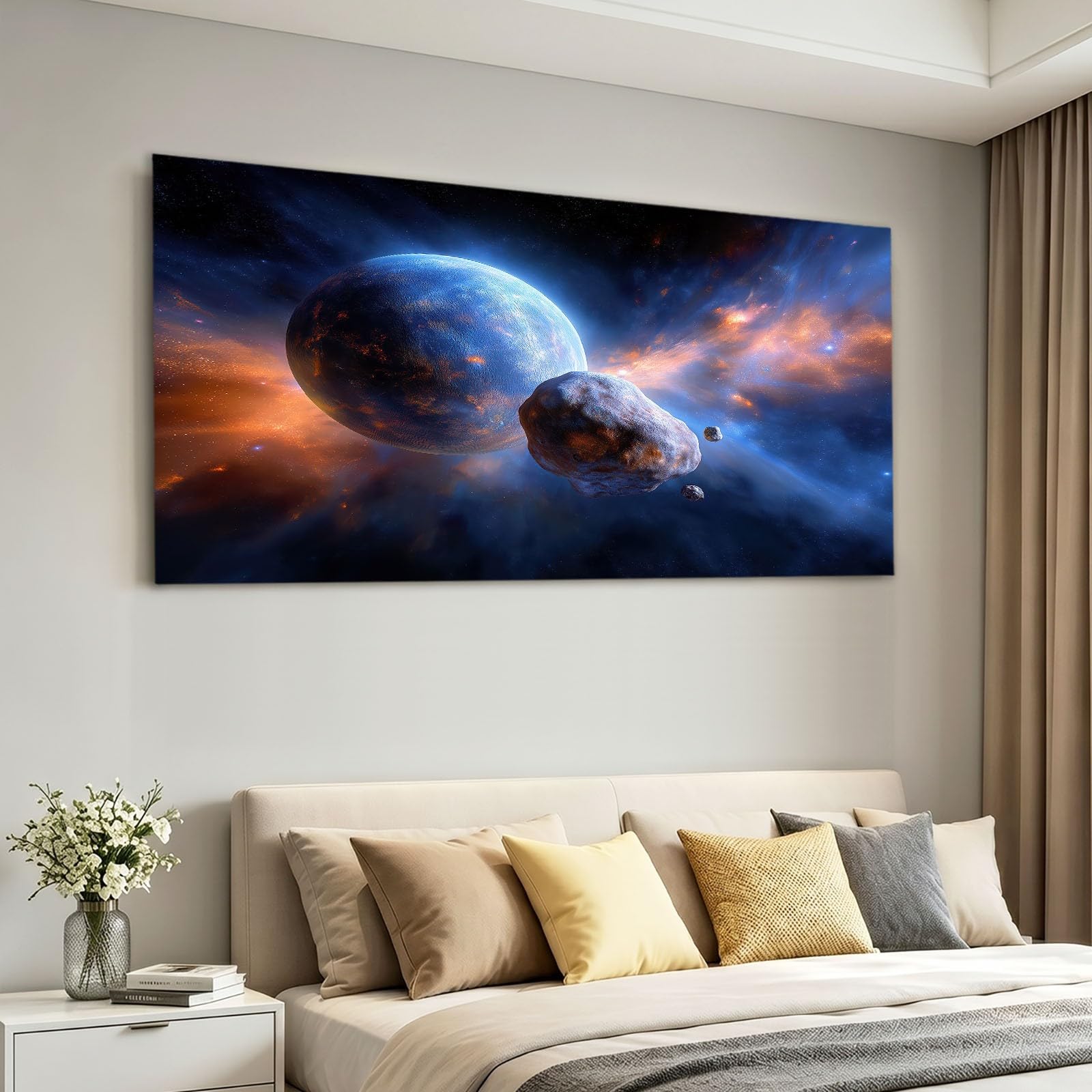 Obraz ścienny kosmos wszechświat obraz na płótnie - płótno ścienne 120 x 80 cm, druk na płótnie z gwiaździstym niebem, meteoryt, gwiezdna mgławica, oprawiona sztuka ścienna do salonu i sypialni