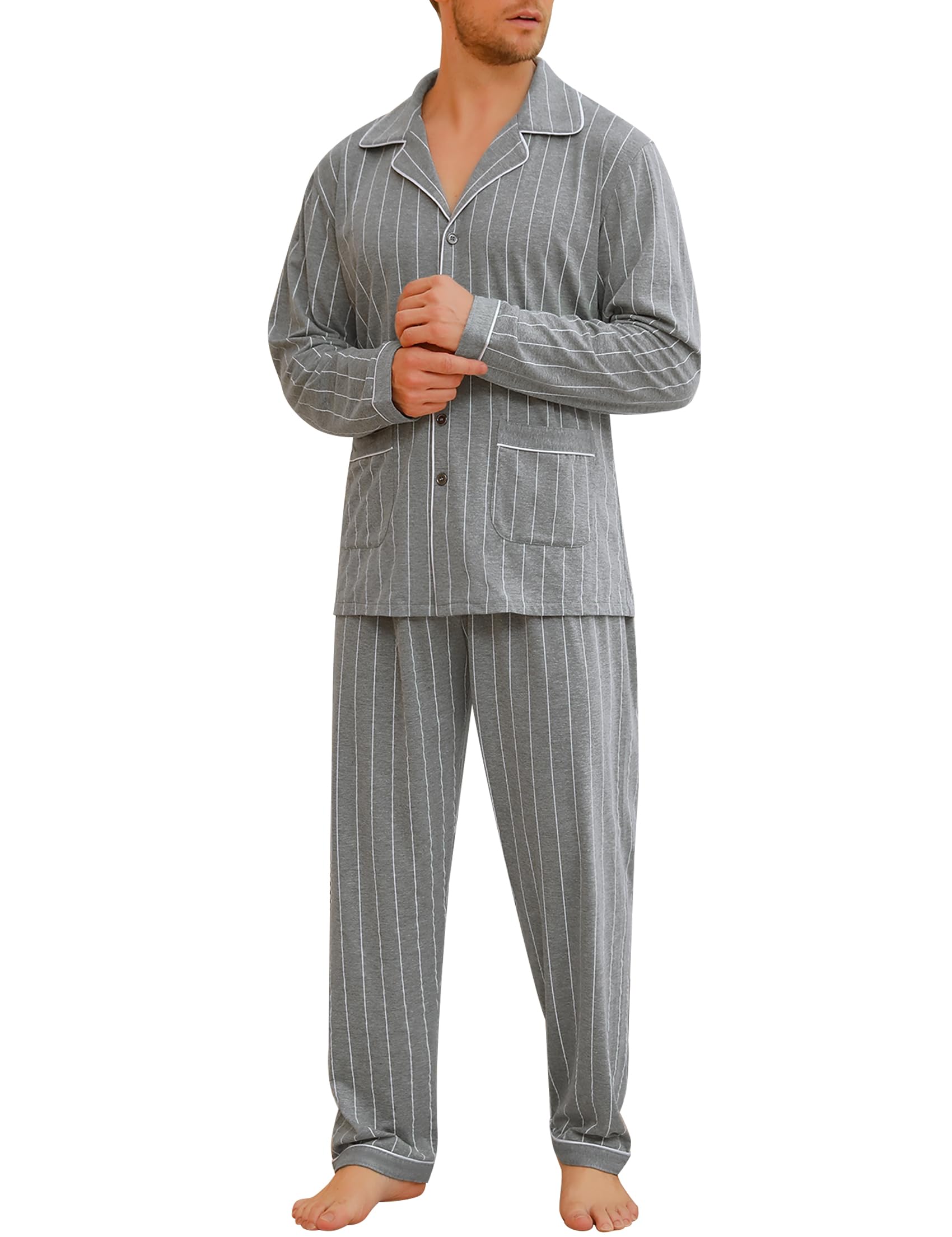 iClosam Pigiama Invernale Uomo Cotone Pigiama da Uomo Quadri o Righe Pigiami Due Pezzi da Uomo Colletto V Pigiama Uomo Lungo con Tasche Laterali Caldo e Morbido S-XXL