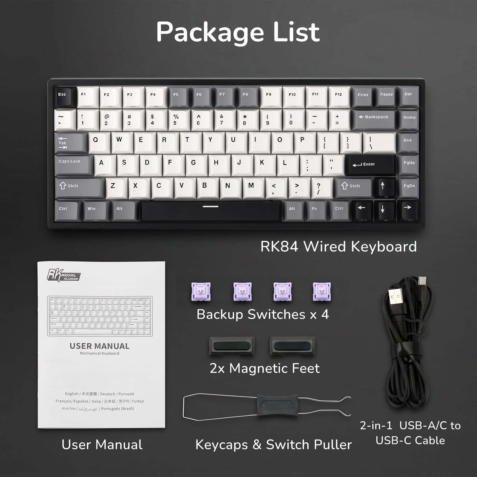 RK ROYAL KLUDGE RK84 – przewodowa klawiatura mechaniczna do gier z 75% układem TKL, podświetleniem RGB i funkcją hot-swap, układ US QWERTY