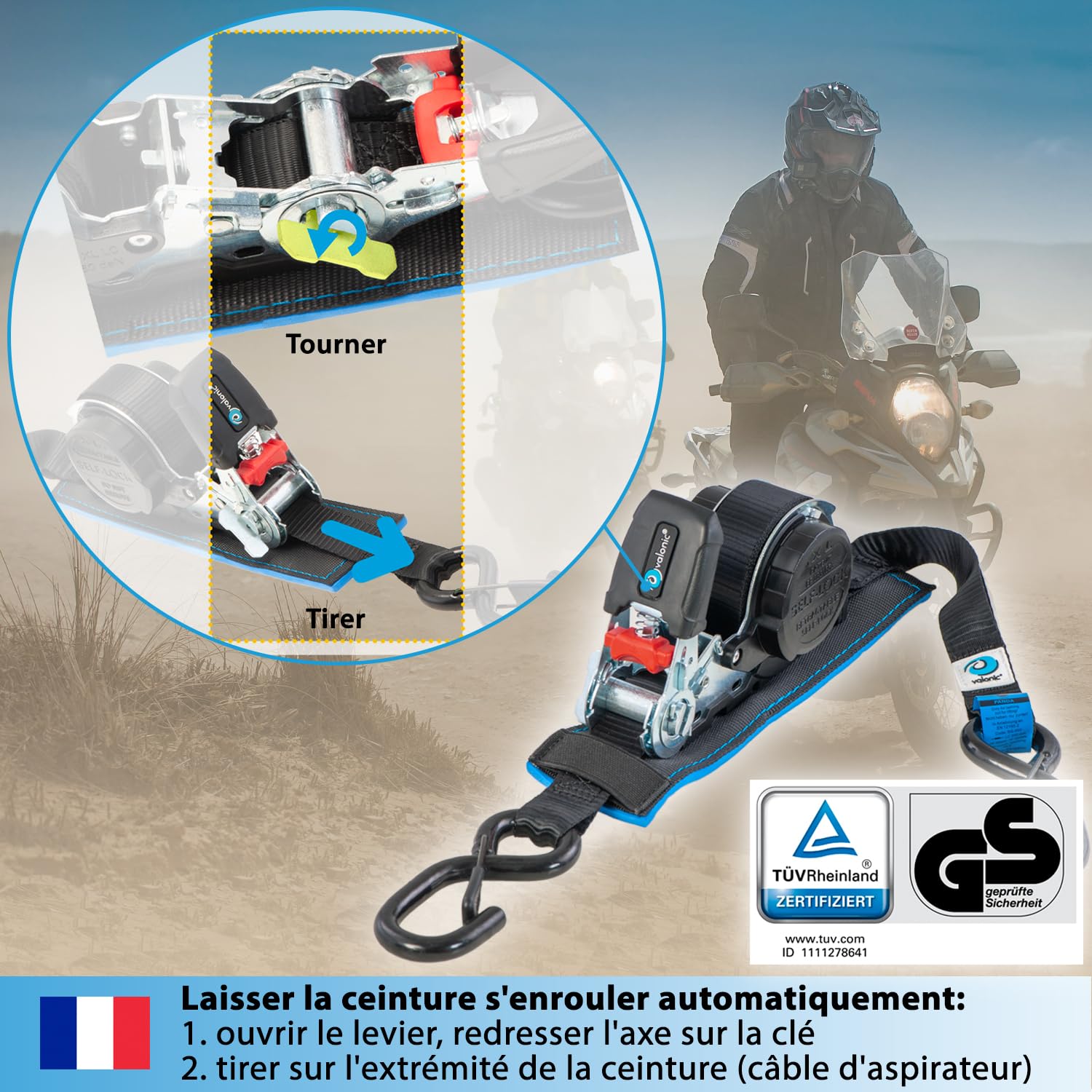 valonic Panda - 2X 5m Sangle d'arrimage Automatique avec Mousqueton Crochet, 25mm, 300/600 Kg, rembourrée, Certifié TÜV Rheinl. / GS, en 12195-2 - avec cliquet, Noir