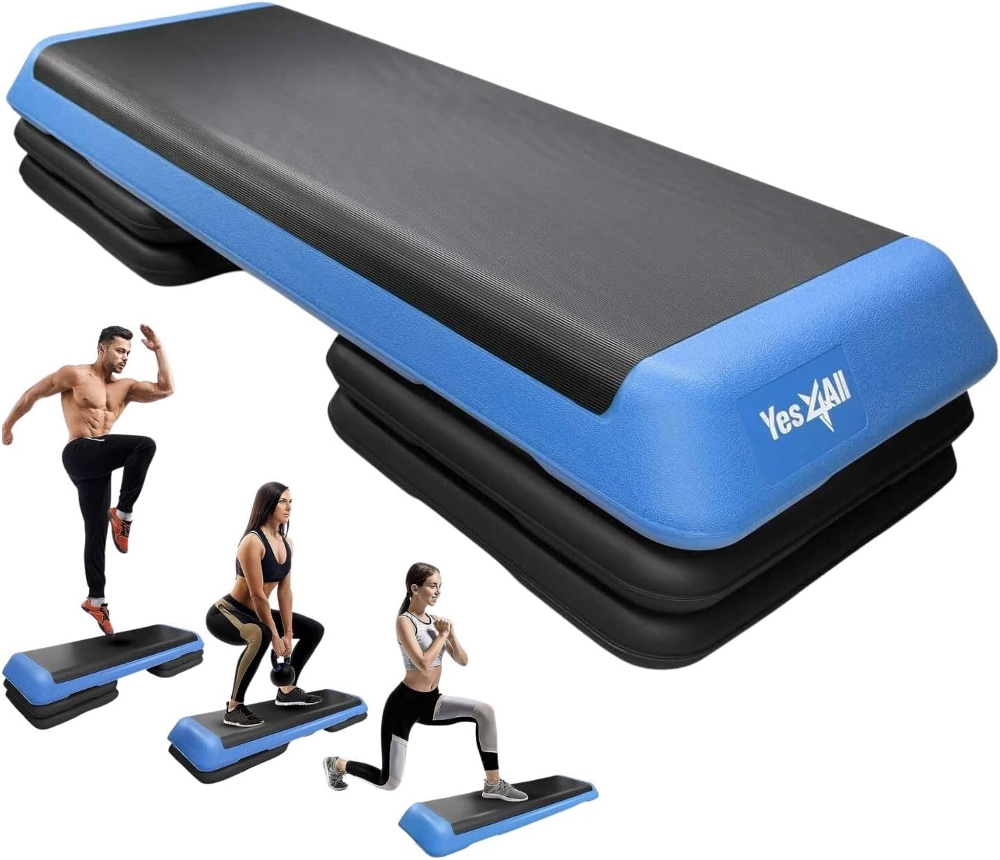 Yes4All Adjustable Workout Aerobic Exercise Step Platform Health Club Size with 4 Adjustable Risers Included and Extra Risers Options E. Blue/Black