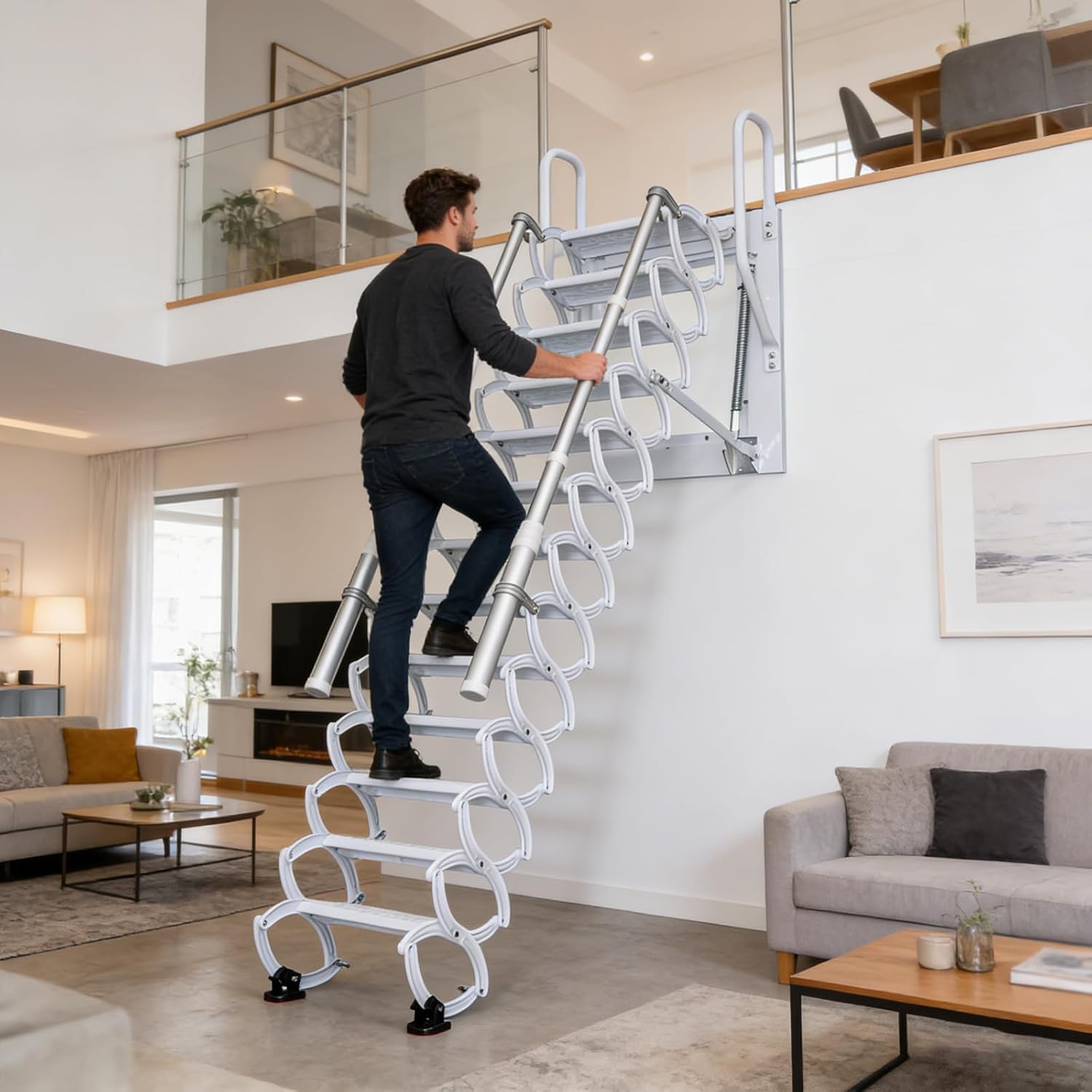 12 Steps Attic Stairs,Wall Mounted Folding Loft Ladder,Retractable Collapsible Stairs,Extension Steps Ladder with Armrests,Telescoping with Pulldown System (White, Step 12)
