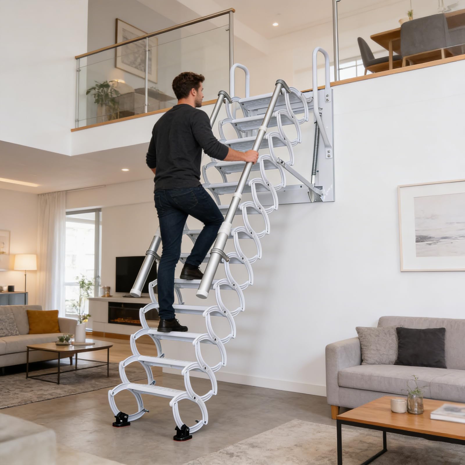 Escalera telescópica para ático montada en la Pared, Escaleras para ático desplegables con reposabrazos, Escaleras de ático de Pared abatibles, Exteriores (Blanco, A-12)
