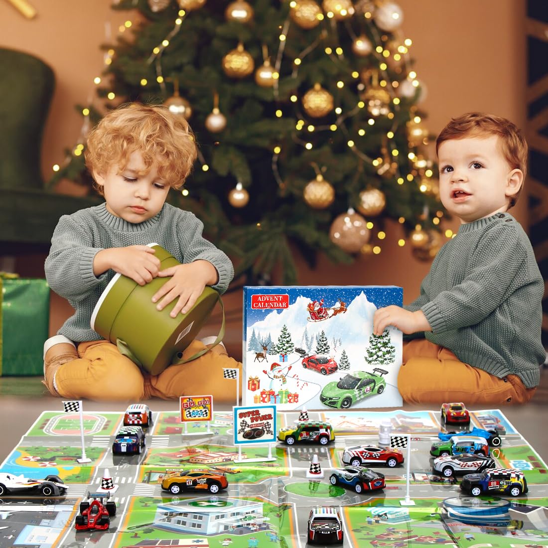 Sprinlot Calendario Adviento Coches, Juguetes de Carreras con Medalla Señales de Tráfico, Calendario Adviento Niños, Calendario de Cuenta Regresiva, Navidad Regalo para Niños Niñas