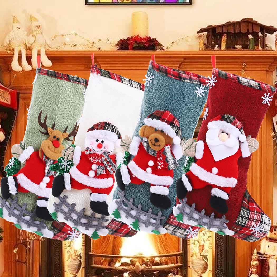 Woeoe 4 calze natalizie da 30 cm, Babbo Natale, pupazzo di neve, calze di iuta per vacanze e famiglia, per caminetto, decorazione per feste di Natale