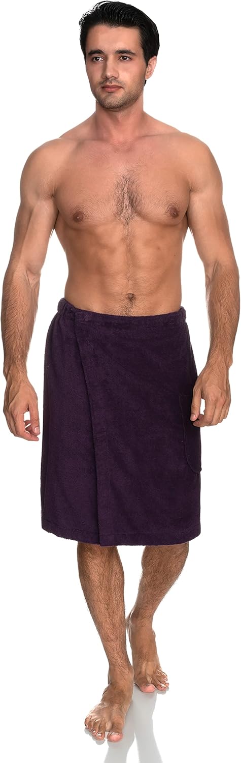 TowelSelections Mens Shower Wrap Adjustable Cotton Terry Bath Gym Cover Up with Snaps Small-Large Indigo