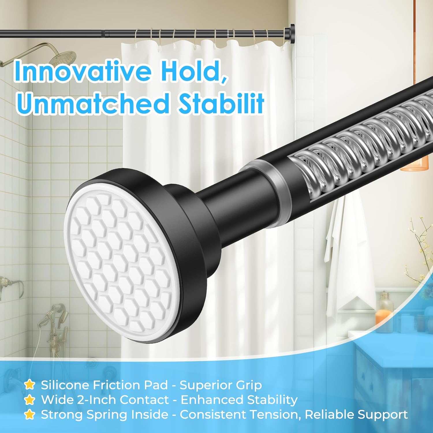 aizesi spring tension curtain rod 29-63 inch black stainless steel telescoping rod no drill for window or shower black 29"-63"-1pcs