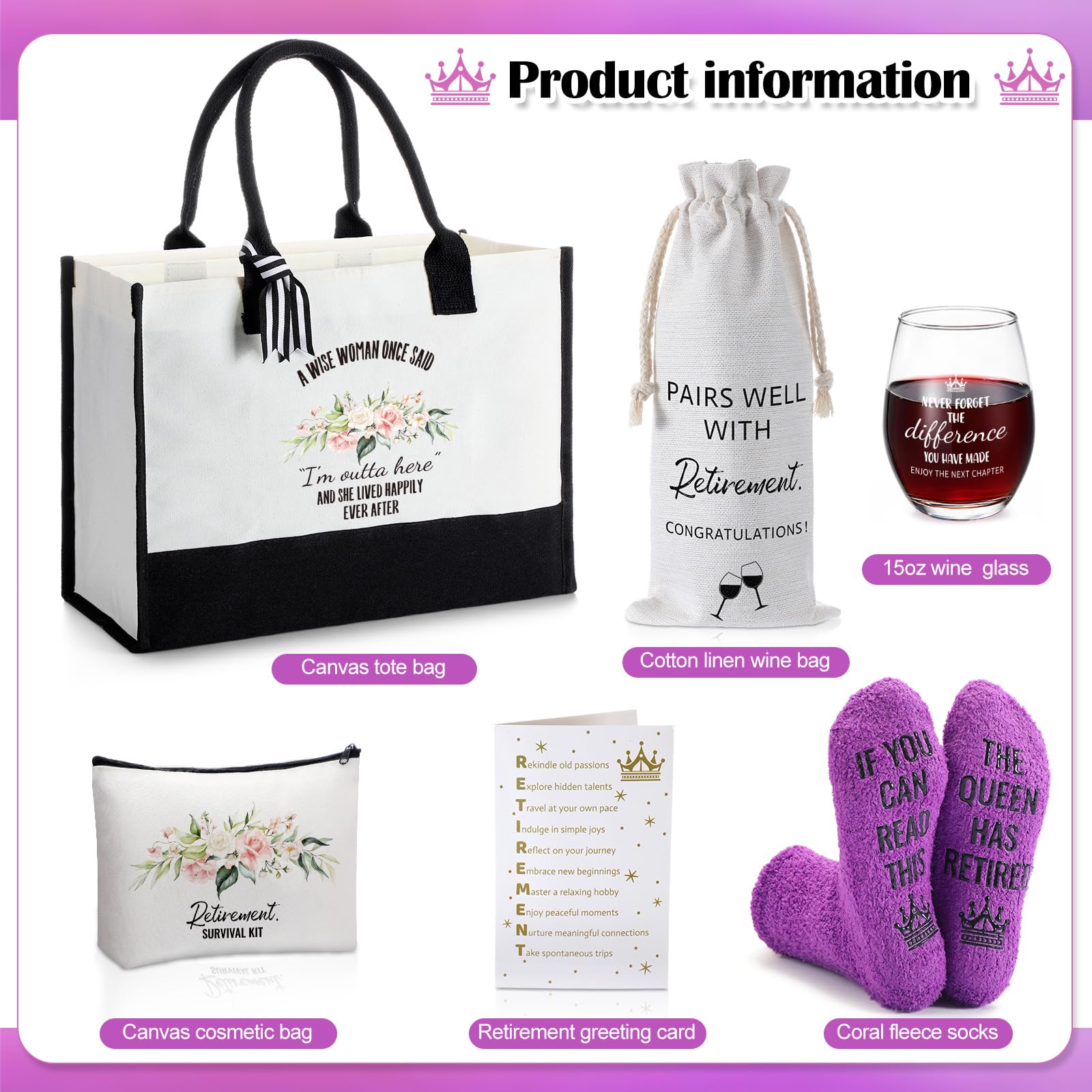 6-Piece Retirement Gift Set for Women with Tote, Wine Glass and Greeting Card