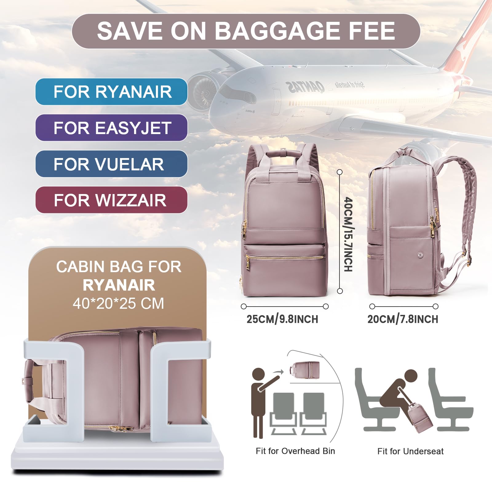 UPPACK Zaino Ryanair 40x20x25 Zaino Da Viaggio aereo Bagaglio a Mano Donna Zaino Borse da Cabina Borsa da Viaggio aereo Zaino per PC Impermeabile Casual Daypack