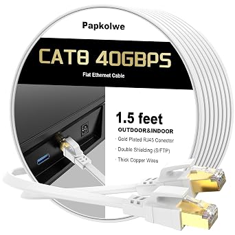 Cat 8 Ethernet Cable 1.5 ft, Shielded RJ45 Flat Network LAN Cable
