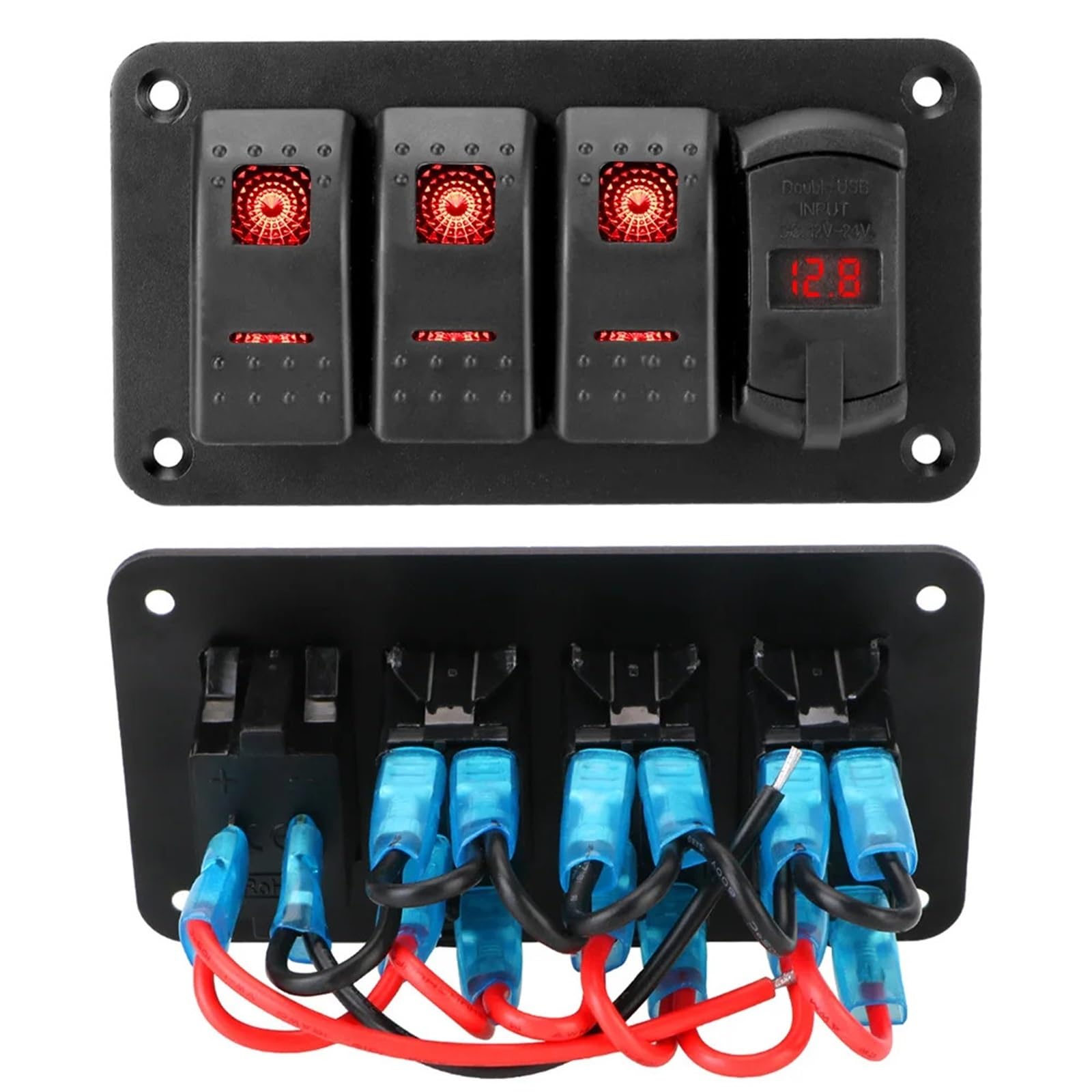 12V-24V 3-biegowy panel przełączników do samochodów SUV, łodzi, kamperów, ciężarówek, cyfrowy woltomierz, wyłącznik obwodu, wodoodporny, podwójny port USB 4,2A(Blauw)