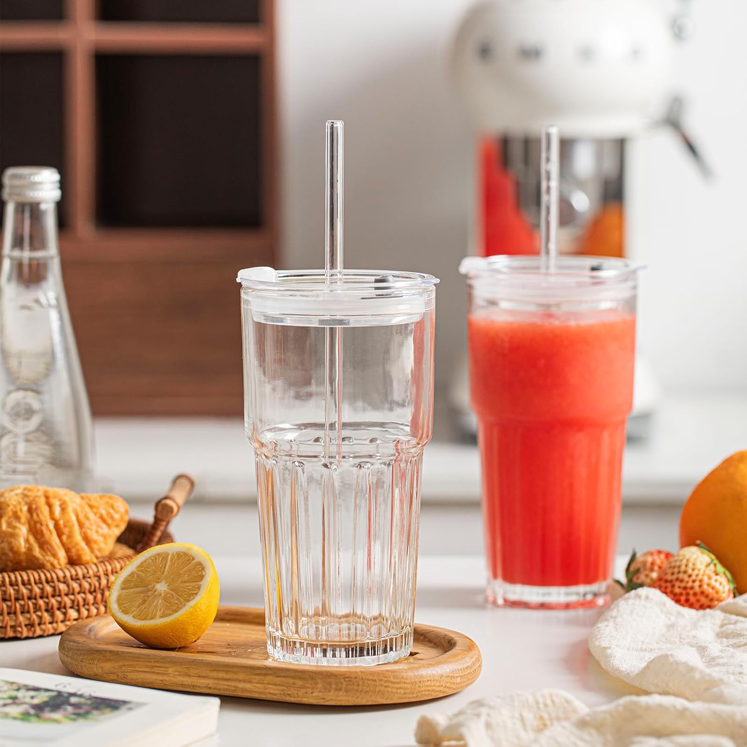 INSETLAN 20 oz Clear Glass Tumbler Set with Lids and Straws – 4-Pack Iced Coffee Cups with Glass Straws & Brushes, Reusable Drinking Glasses for Smoothies, Tea, Juice, Beer, Cold Beverages - Image 9