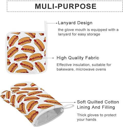 Miniatura 3 de Juego de 4 manoplas de horno y soportes para ollas para perros calientes, resistentes al calor, guantes antideslizantes, decoración de cocina para