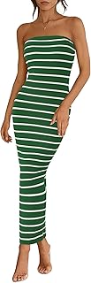 Casual Women's Summer Dresses Bodycon Maxi Tube Striped Dress Ribbed Knit Strapless Back Slit Long Dress Party Dresses - Buy now