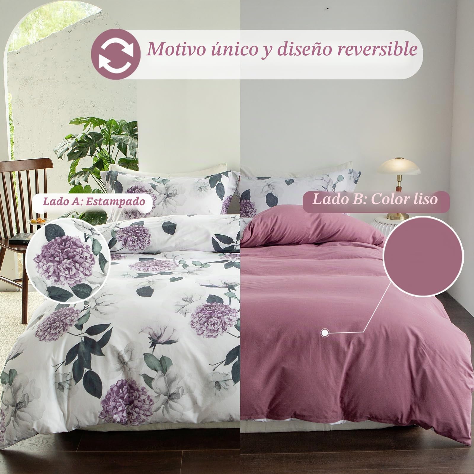 MILDLY Funda de edredón 220x240 de algodón con flores de hortensia violeta, 100% algodón lavado, textura de lino, certificado Oeko-TEX, juego de cama tropical con flores 220x240 de algodón con 2