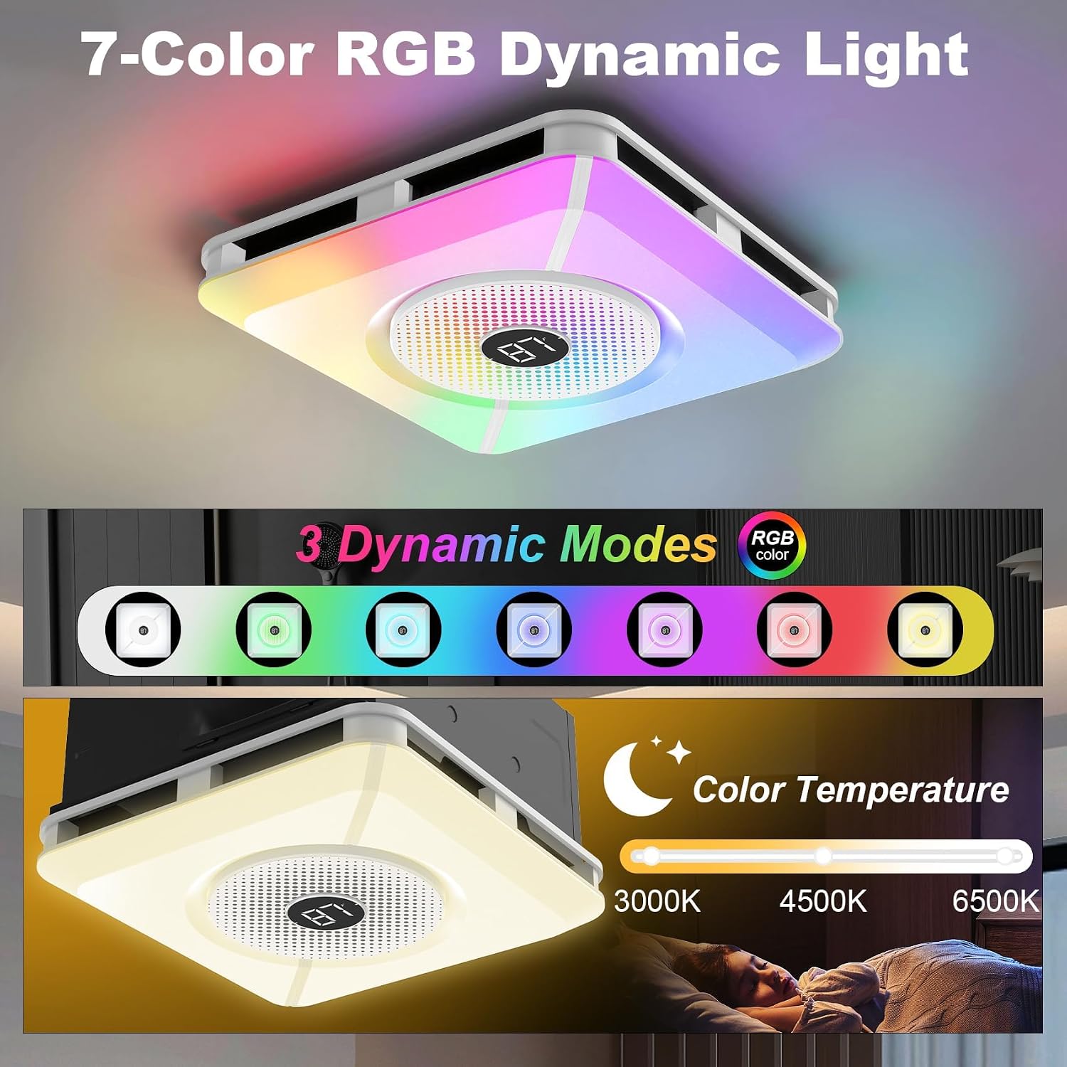 Bathroom Exhaust Fan with Bluetooth Speaker and Light, Plug & Play Installation, 230 CFM/1.5 Sone Bathroom Vent Fan, 7 RGB Lighting and 3 Music Rhythms, Remote Control, 3000K-6500K Adjustable