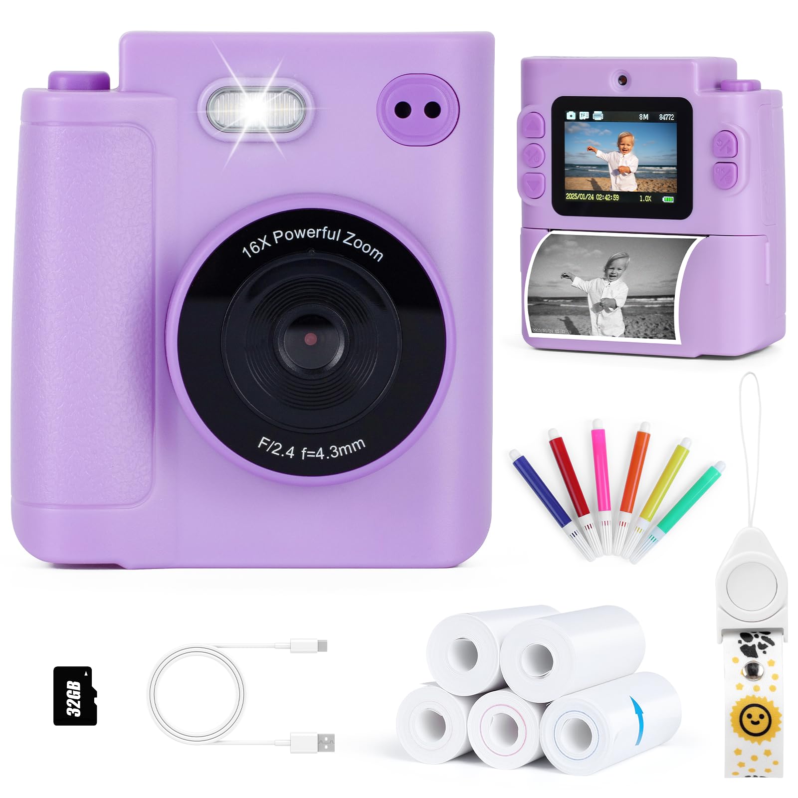 Kids Camera Instant Print, 1080P HD Dual-Lens Selfie Digital Camera with 5 Printing Paper Rolls & 32G TF Card, for Children, Portable Toddler Toy for