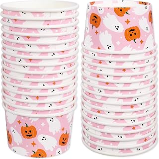 50Pcs Halloween Treat Snack Cups Pink Ghost Pumpkin Disposable Bowls Spooky Halloween Paper Bowl for Baby Shower Birthday Hot Cold Foods, 8oz