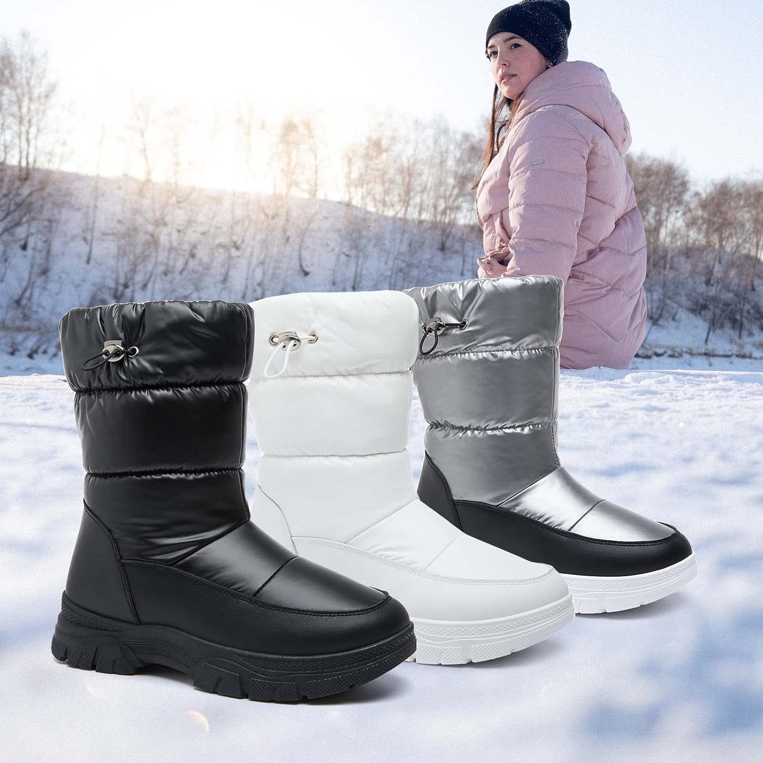 Womens Winter Boots Snow Boots For Women Black Mid Calf Platform Boots Warm Fur Fashion Slip On Boots - Image 2