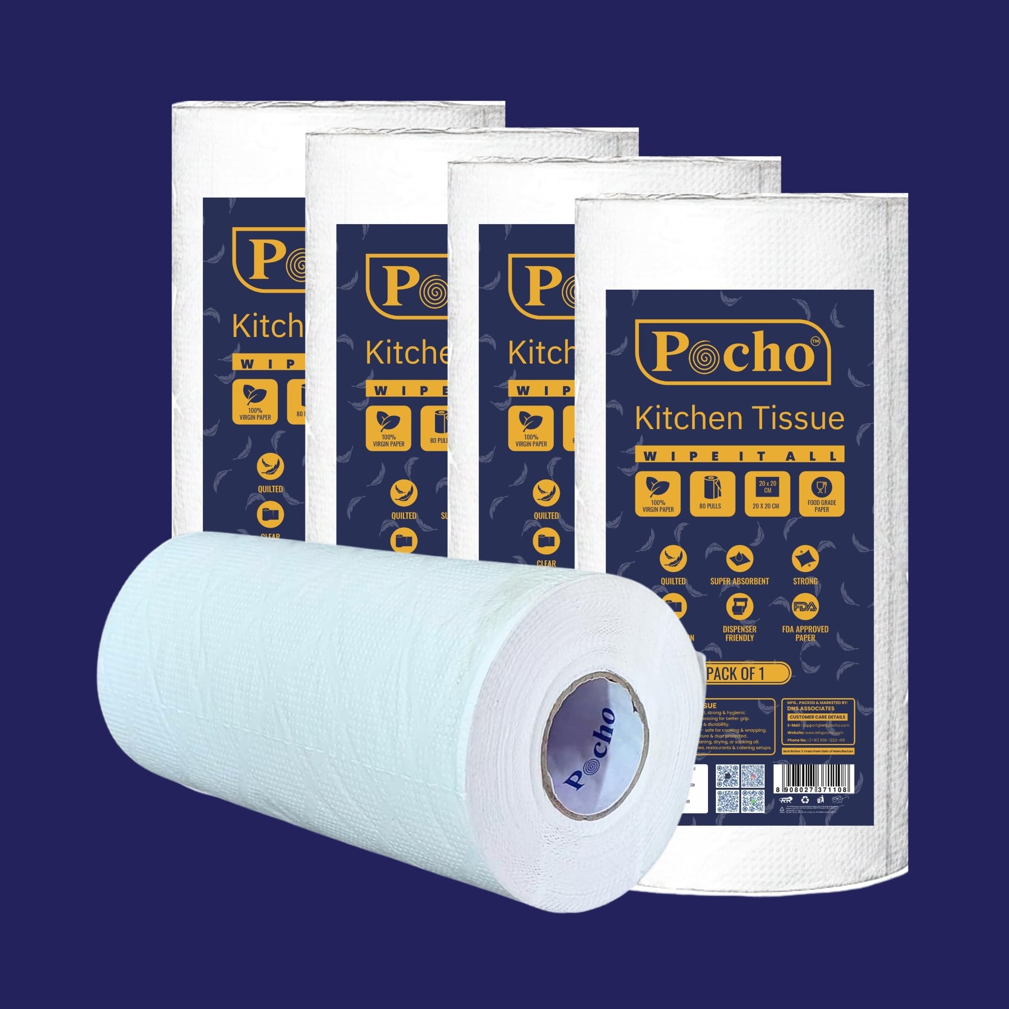 Pocho 3 Ply 4 in 1 Kitchen Tissue Paper Roll | Tough, Super Absorbent & Food Safe Tissues for Spotless Cleaning | Ideal for Multi Purpose Use (80 Pulls Per Roll, 320 Sheets)-image-44