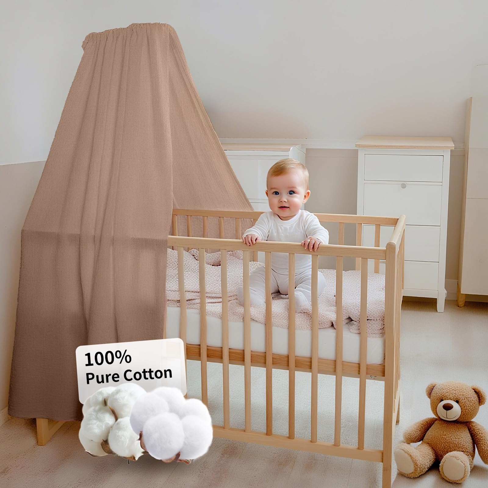 FloraVigo Babybettbezug, handgefertigt aus 100% Baumwollmusselin, Stoffbezug für die heimische Bettdekoration (ohne Bettgitter), geeignet für Jungen und Mädchen (140 x 270 cm, Dunkelbeige)