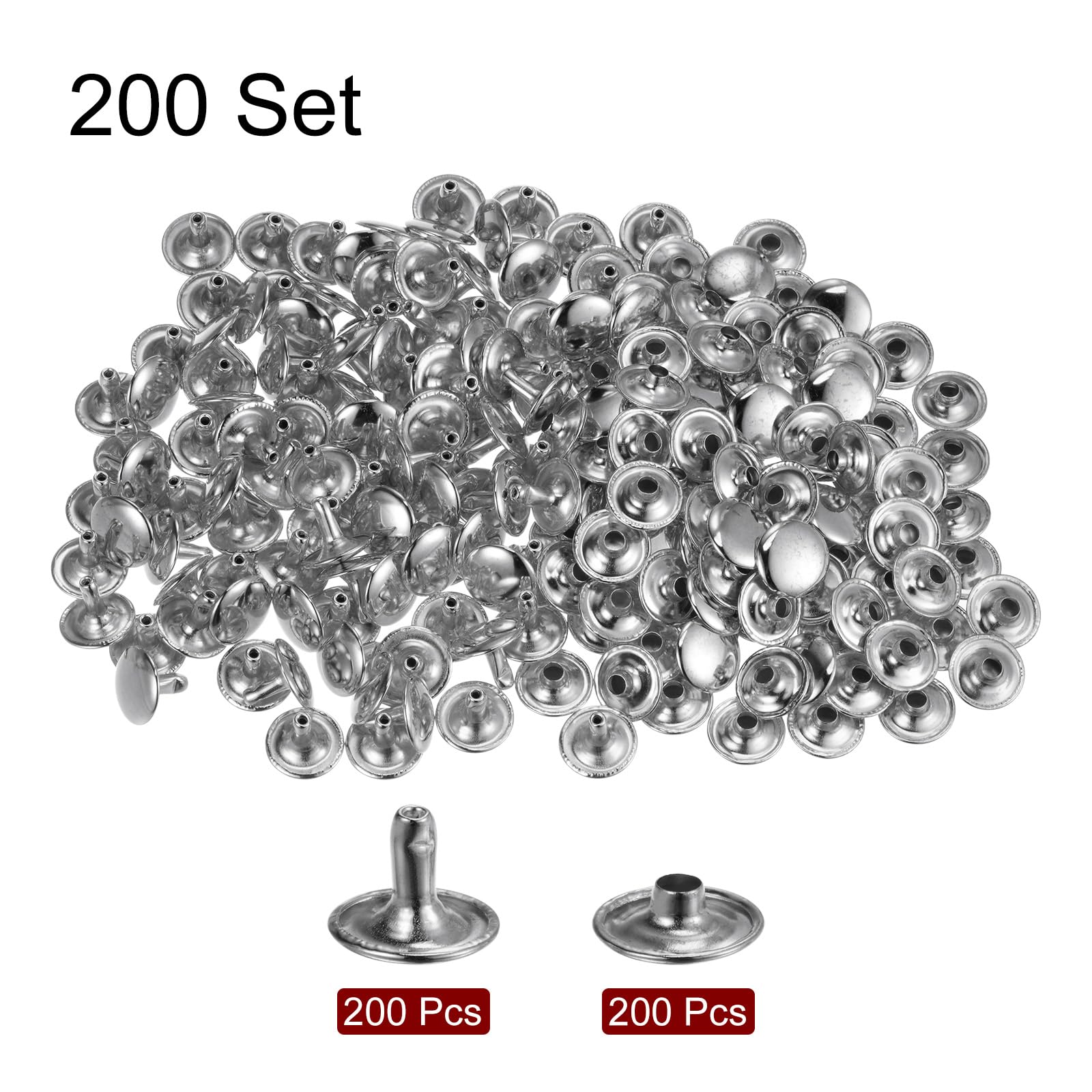 HARFINGTON Juego de 200 remaches de cuero de 12 mm x 10 mm, remaches de metal de doble tapa con 3 herramientas de ajuste, remaches para manualidades, reparación de cuero, decoración, tono plateado