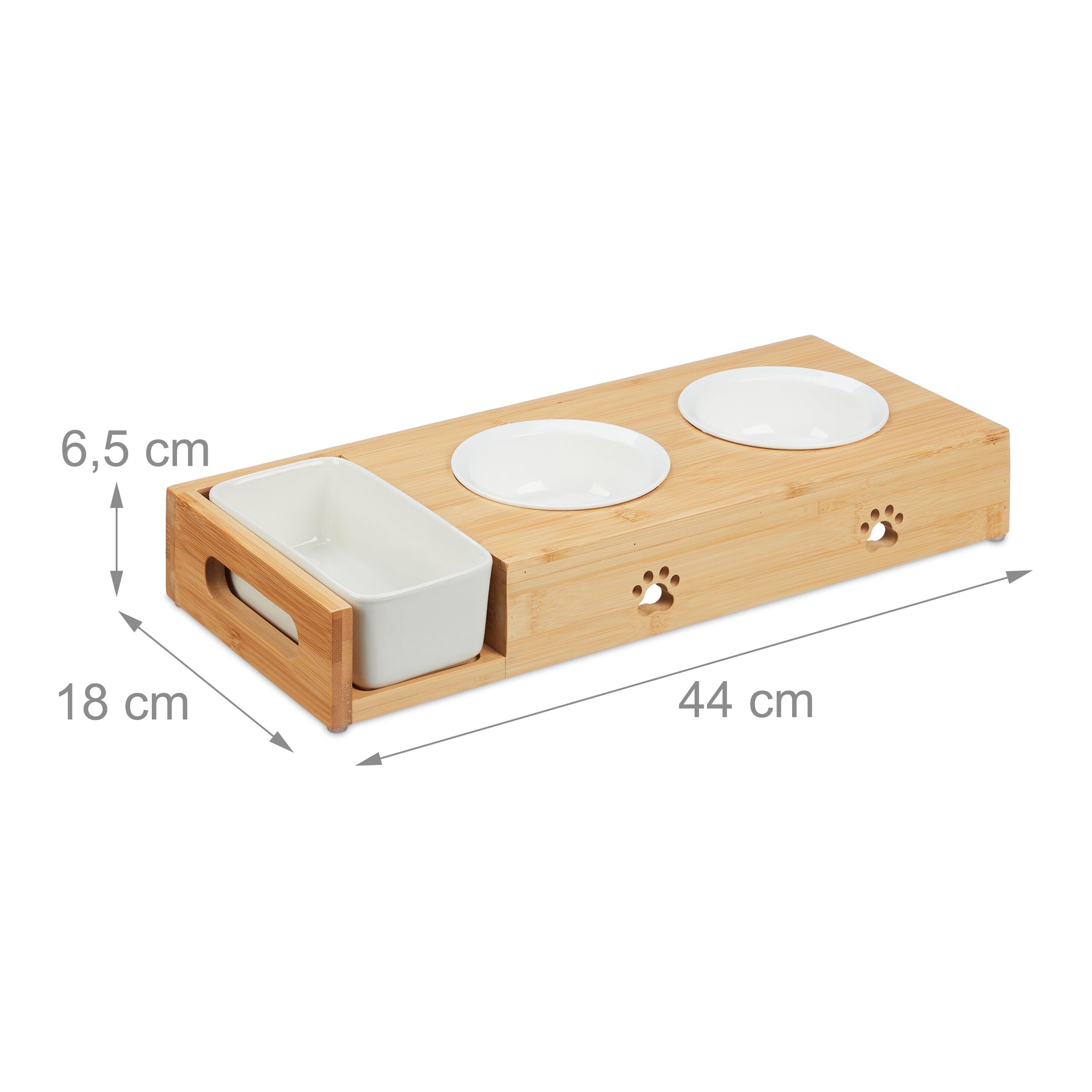Relaxdays Karmnik dla Kotów z Miską na Trawę, 2 Ceramiczne Miski 250 ml, Nadaje Się do Zmywarki, Barek, Naturalny/Biały, Bambus, Ceramika