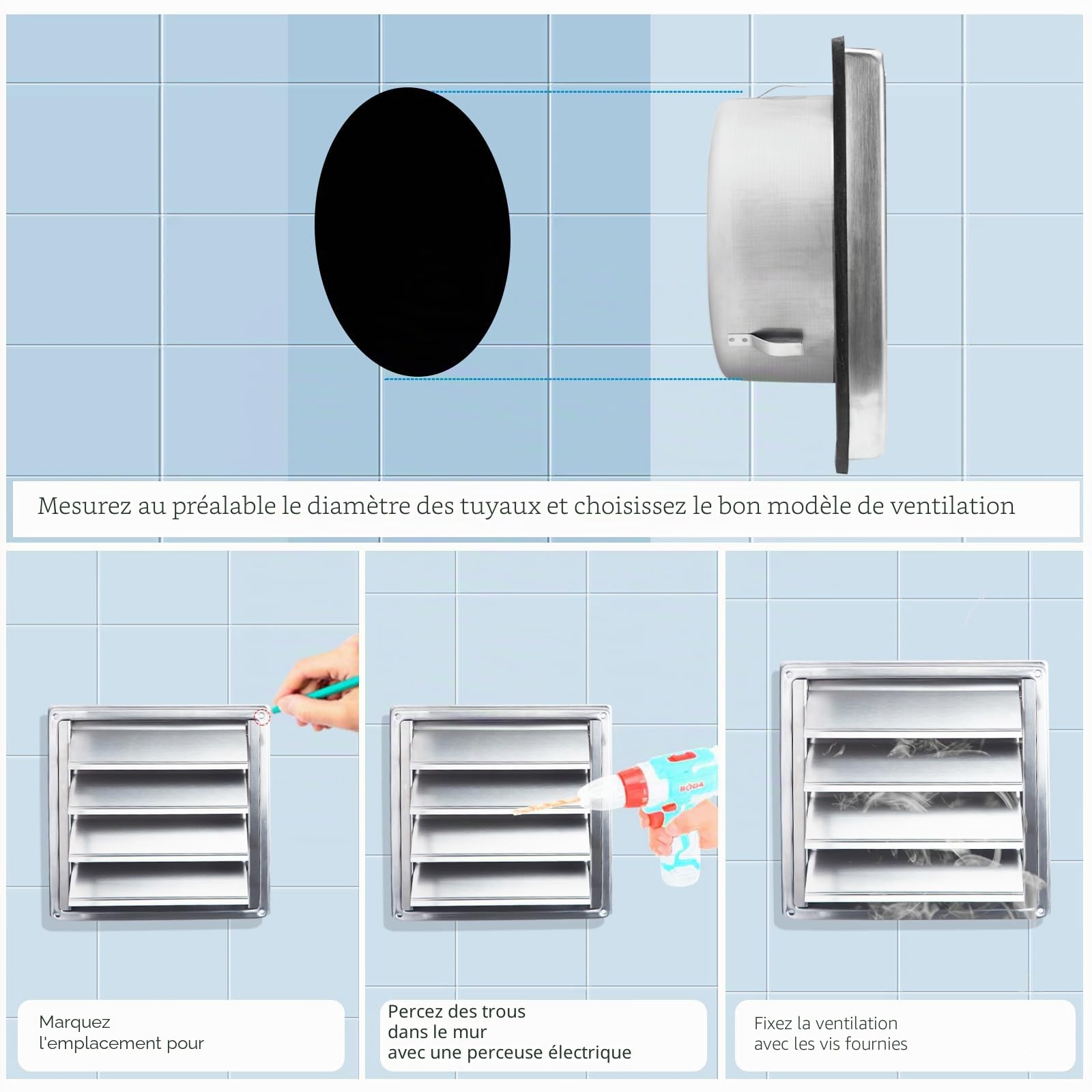 150mm Grille de ventilation, Clapet anti-retour Grille de protection contre les intempéries en acier inoxydable avec lamelles mobiles, Grille murale, Grille à lamelles Grille hotte aspirante