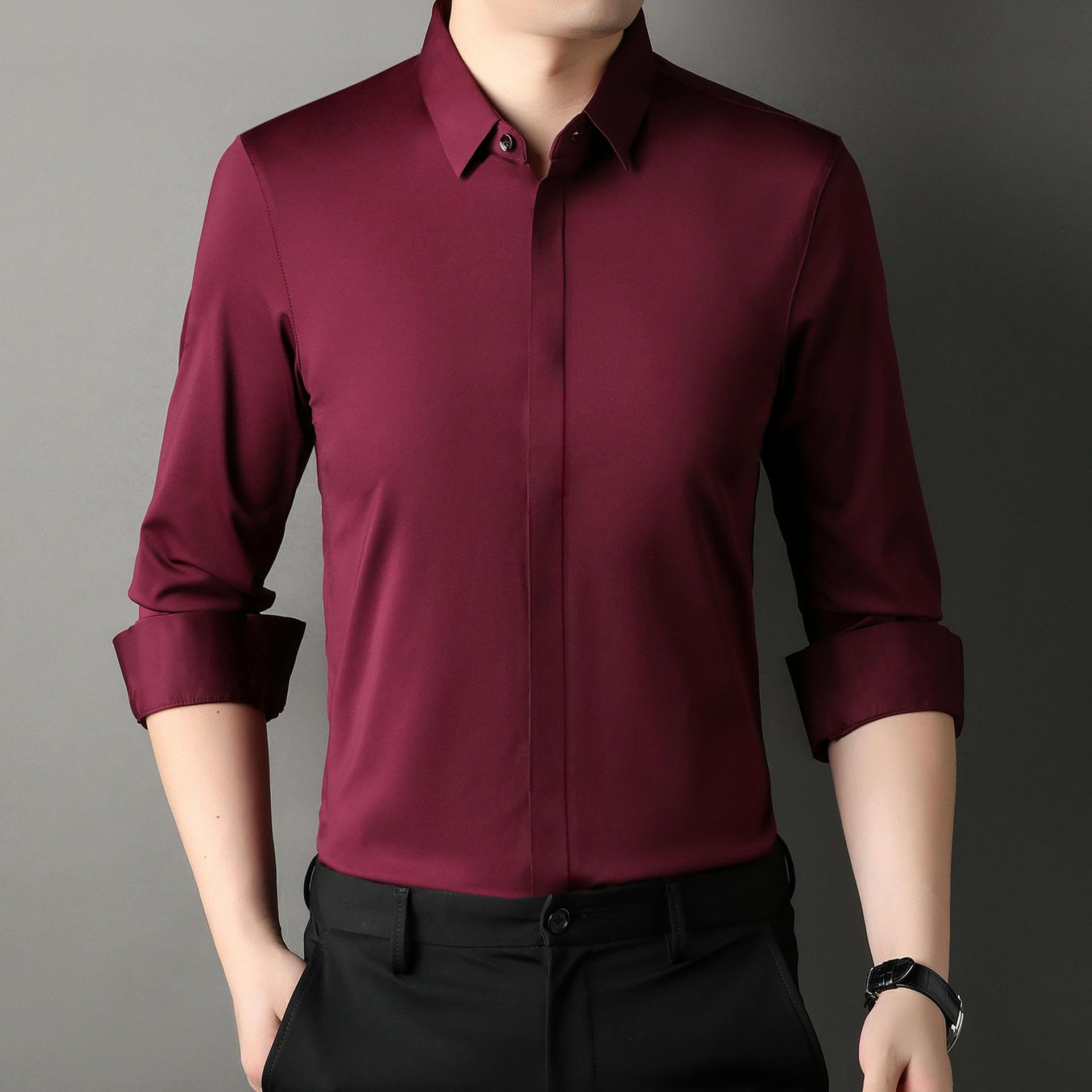 Camicia a maniche lunghe da uomo, tinta unita, slim fit, abbottonatura nascosta, senza pieghe, casual, traspirante, con bottoni