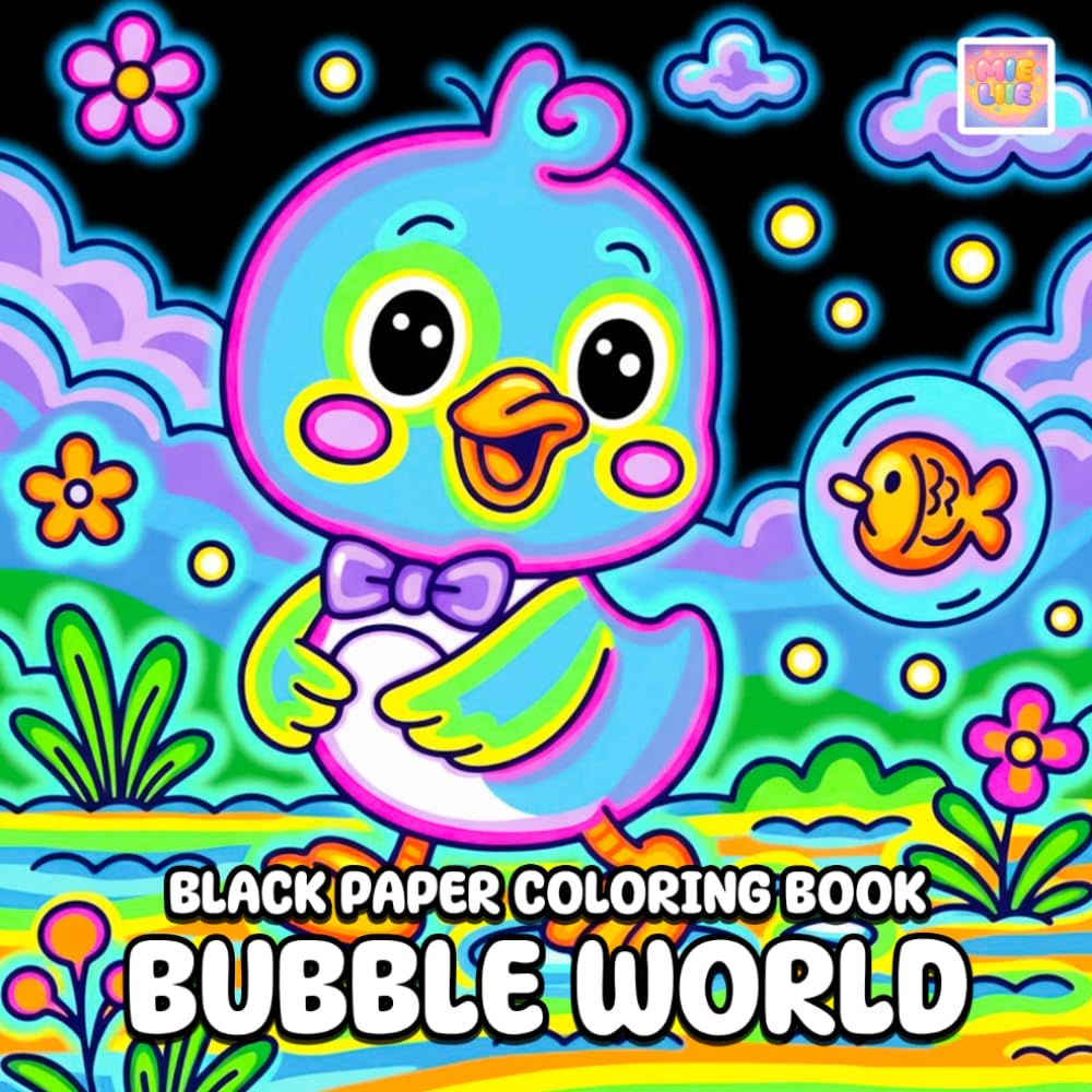 Bubble World Black Paper Coloring Book: Whimsical Bubble Scenes, Cute Floating Moments, and Glowing Art on Dark Background