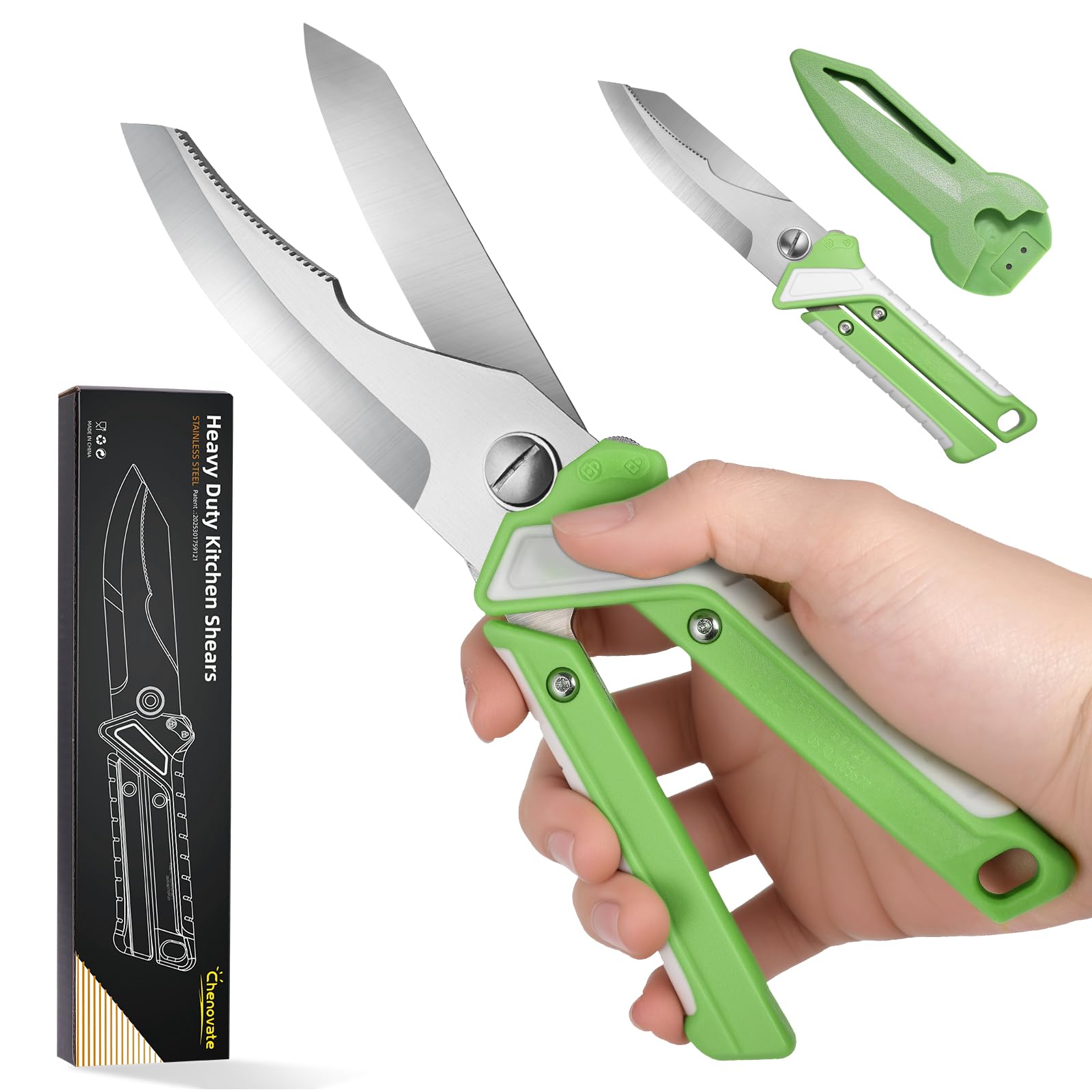 Chenovate® Heavy Duty Kitchen Scissors,Kitchen Shears with Knife &amp; Scissor Switch Lock,Food Scissors Fit for Poultry Bones,Turkey,Meat Cutting,Veggies,Fish,Pizza(green)