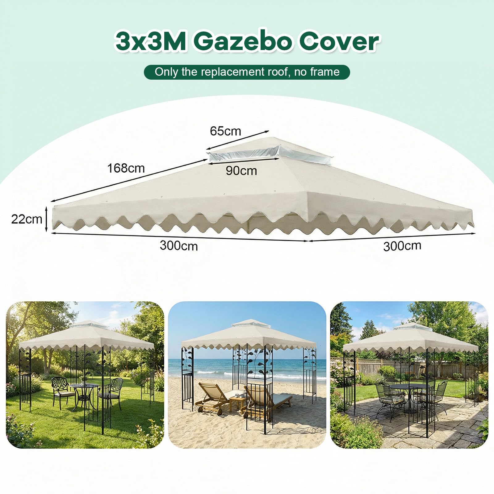 Tetto di ricambio per gazebo, 3 x 3 metri, impermeabile, 300 g/m² rinforzato, tetto di riserva, doppio strato con protezione UV e ventilazione, adatto per molti gazebo da barbecue e da giardino