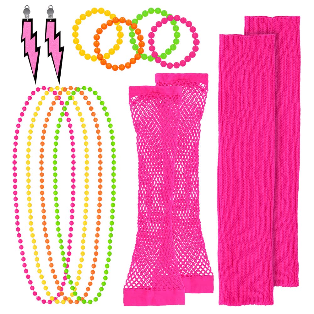 Boland 80s Party Accessories for Women – Neon Bead Necklace, Mesh Gloves, Earrings, Leg Warmers & Bracelets – 80s Outfit Costume Set for Carnival, Neon Disco or Fancy Dress Events