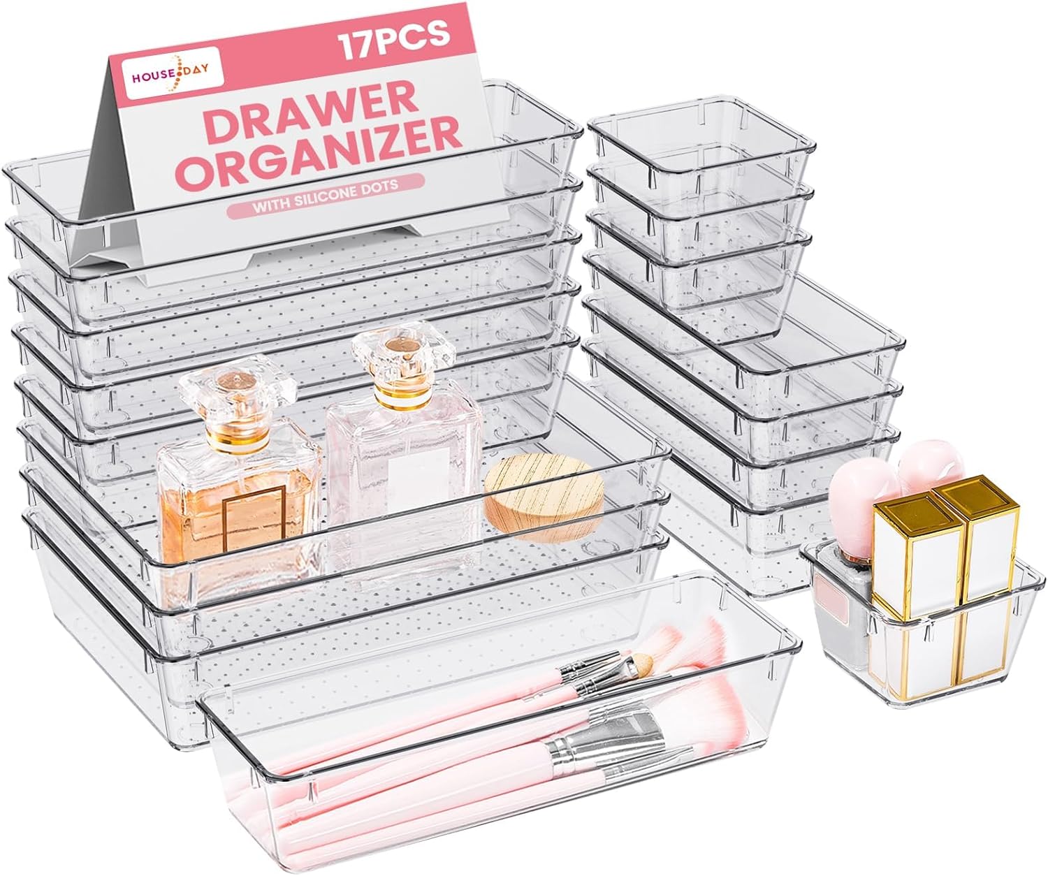 HOUSE DAY Makeup Drawer Organizer Trays 17 PCS, 4-Size Clear Drawer Organizers with Silicone Pads, Vanity Organizers and Storage, Non Slip Plastic Drawer Organizer for Desk, Bathroom, Kitchen, Office