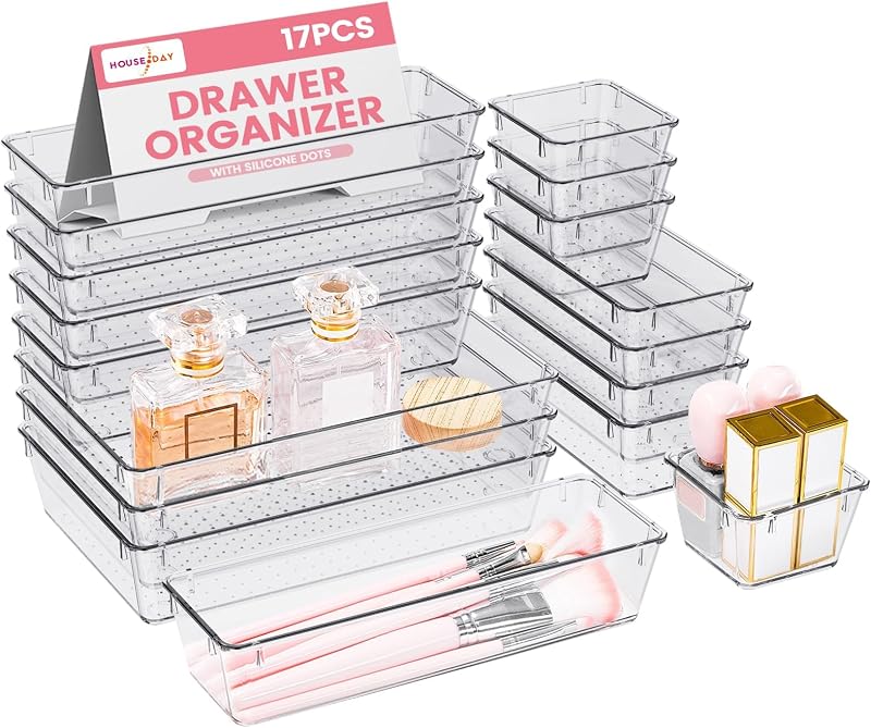 Organizador de gaveta HOUSE DAY com 17 bandejas transparentes e almofadas de silicone