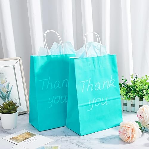 Miniatura 5 de DjinnGlory Paquete de 24 bolsas de regalo de papel azul verde azulado de tamaño mediano con asas y papel de seda azul para cumpleaños, boda, baby