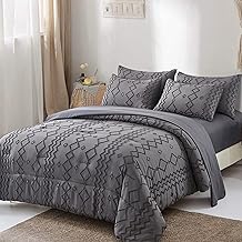 Grey Tufted Comforter Set Queen 7 Pieces Bed in a Bag Boho Comforter with Sheets,Shabby Chic Geometry Embroidery Bedding Set Soft Microfiber Farmhouse Comforter (Queen 90×90 inches)