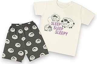 طقم للبنات – قطن – قطعتين – سادة بطباعة خروف نعسان – تيشرت نصف كم + شورت (رمادي قصير – تيشرت ابيض، مقاس 3-2-3 سنوات)