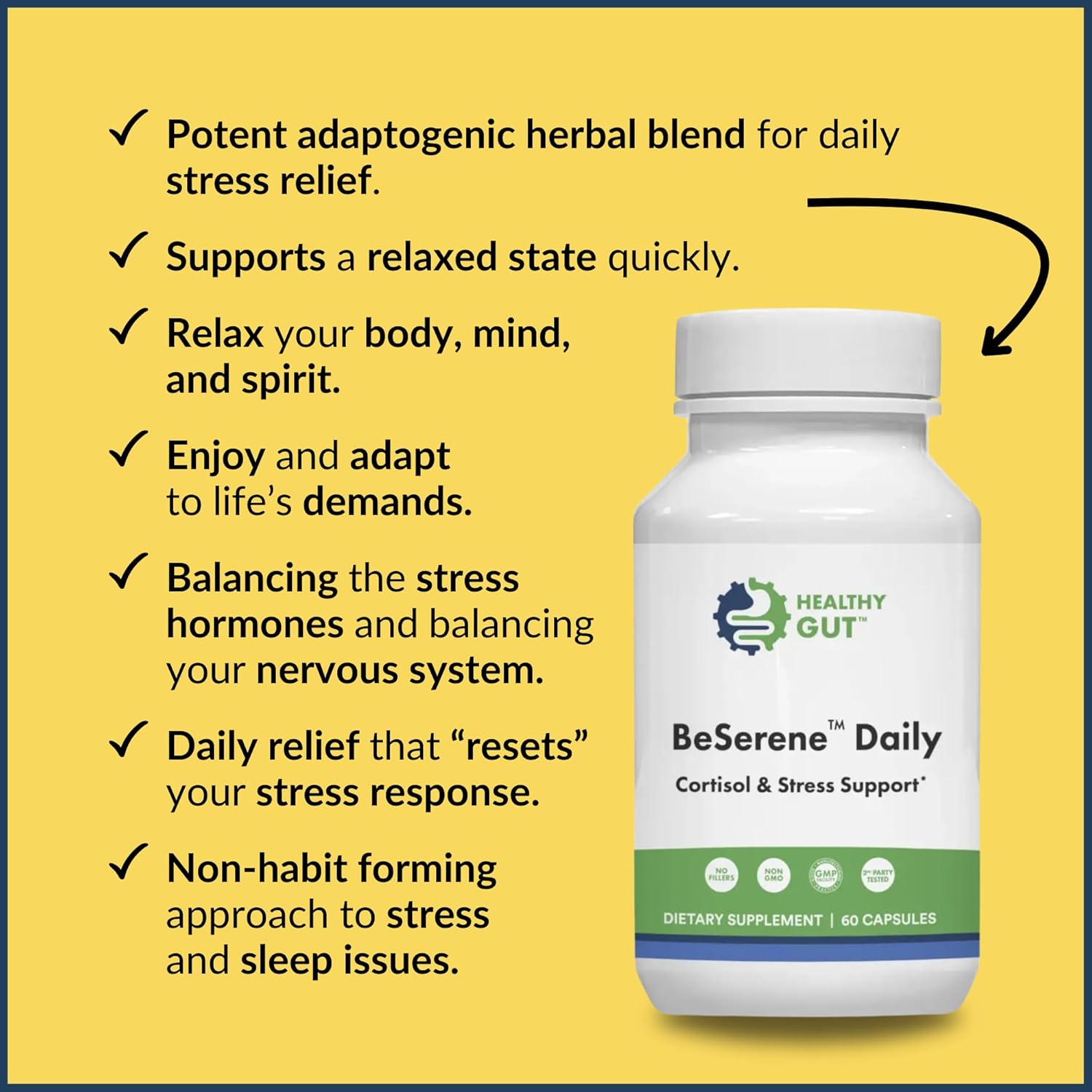 Healthy Gut BeSerene Daily | Cortisol & Stress Support | Supports Your Sleep and Adrenals | 30 Servings