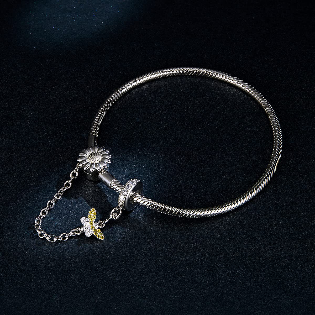 Pulsera De Cadena De Serpiente De Plata De Ley Con Flor De Bracelet